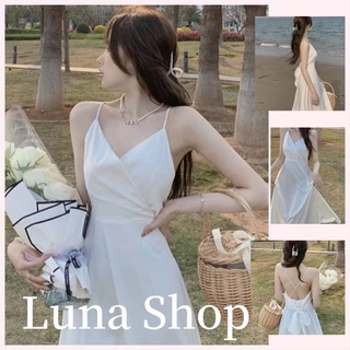 Luna shop🍑เดรส🌸เซ็กซี่แบบฝรั่งเศส  ความปรารถนาบริสุทธิ์ที่จะแสดงด้านหลัง  โบว์  คอวี ชุดเดรสสีขาวสำหรับผู้หญิง  กระโปรงยาวอารมณ์วันหยุดริมทะเล🚚พร้อมส่งจากกทม มาถึงใน 3-5 วัน