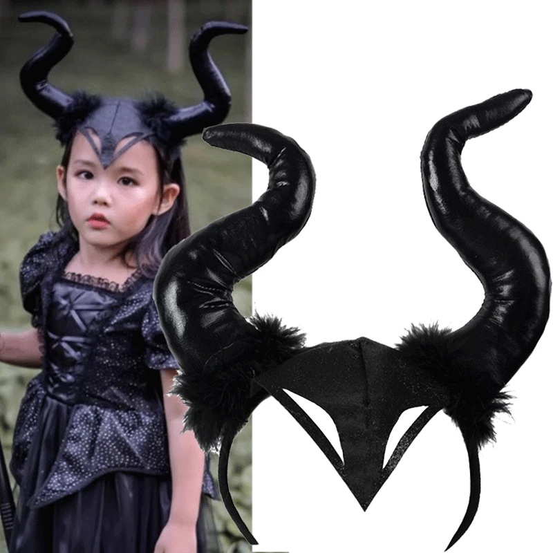 ฮาโลวีน โกธิค แม่มด สีดํา ยาว วัว ฮอร์น ที่คาดผม ราชินี เวทมนตร์ ปีศาจ ที่คาดผม เด็ก ผู้ใหญ่ ขนาดใหญ่ ผู้หญิง ผู้ชาย คอสเพลย์ เครื่องแต่งกาย หน้ากาก