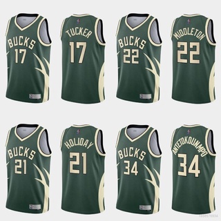 เสื้อกีฬาบาสเก็ตบอลแขนกุด ลายทีม Milwaukee Bucks Middleton Tucker Holiday Antetokounmpo HQ1 NBA Jersey QH1