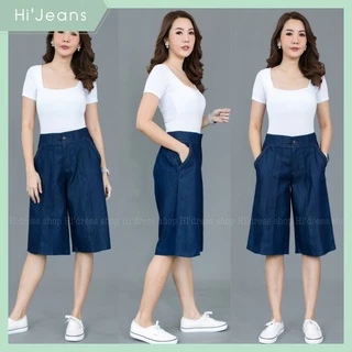 กางเกง 4 ส่วนยีนส์เทียมสลาฟเนื้อผ้านิ่มไม่หนาใส่สบาย ตีเกล็ดด้านหน้า ถักเปียขอบกระเป๋ากางเกง ใส่สบาย