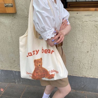 🧸ถุงผ้าไซส์ใหญ่สกรีนลายหมี Lazy Bear shopping bag🍿 พกพาไปซุปเปอร์สบาย สะพายไปเรียนไปทำงานได้เลย