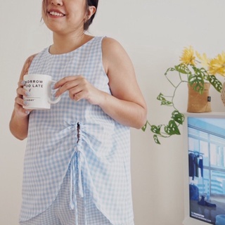 เสื้อกล้ามลายสก๊อตฟ้าเปิดข้าง Kiko tanktop blue gingham cotton