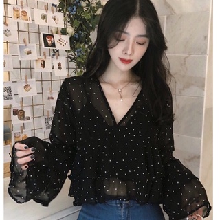Blouse Chiffon V neck polkadot --- Jade Chiffon Blouse