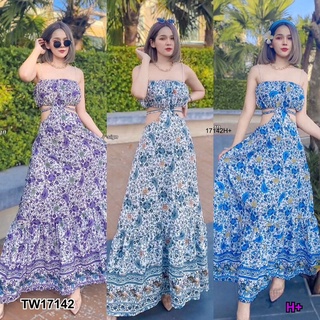 Dress  เดรสสายเดี่ยว สายแต่งมุก มีสายผูกเอวเอว  ผ้า100D พิมพ์ลายดอกไม้สวยเซ็กซี่ๆ  AP17142