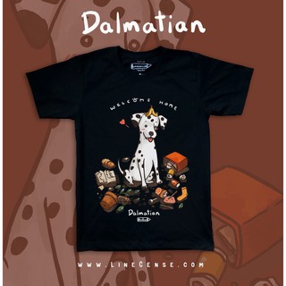 เสื้อยืดผ้าฝ้ายพิมพ์ลายขายดีDalmatian " welcome home " Dog on Black t-shirt เสื้อยืด สีดำ ลายน้องหมาดัลเมเชี่ยน