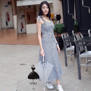 TW9188 Maxi Dress แม็กซี่เดรสผูกไหล่ลายสก็อต เนื้อผ้าทออย่างดี ติดกระดุมด้านหน้า ทรงน่ารักใส่ได้บ่อยๆคะ