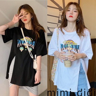 mimi&amp;didi แฟชั่น เสื้อยืดแขนสั้นพิมพ์ลาย oversize คอกลมแขนสั้น เสื้อยืดสไตล์มหาลัย ผ่าร่อง ทรงหลวม สไตล์เกาหลี(2253)