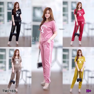 ❤️ TW7169 Set 2 ชิ้น #สาวอวบ เสื้อคอกลมแต่งแถบแขน 2 ข้าง สกรีน cc-oo มาพร้อมกางเกงขายาว แต่งแถบ พร้อมสกรีน