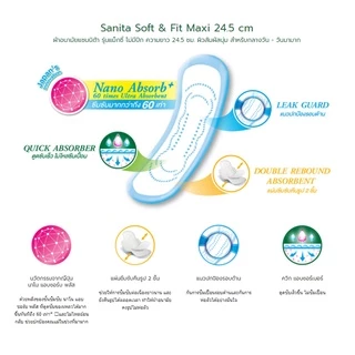 [แพ็ค X 3ห่อ] Sanita/แซนนิต้า ผ้าอนามัย ซอฟท์&ฟิต สัมผัสนุ่ม แม็กซี่ ไม่มีปีก 24.5ซม.16ชิ้น/ห่อ