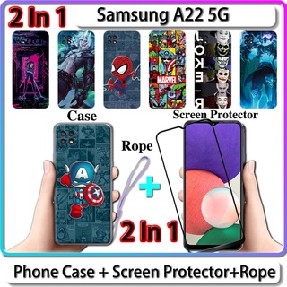 2 IN 1 เคส Samsung A22 5G พร้อมกระจกนิรภัยกันรอยหน้าจอโค้ง เซรามิค ลายฮีโร่ LOL