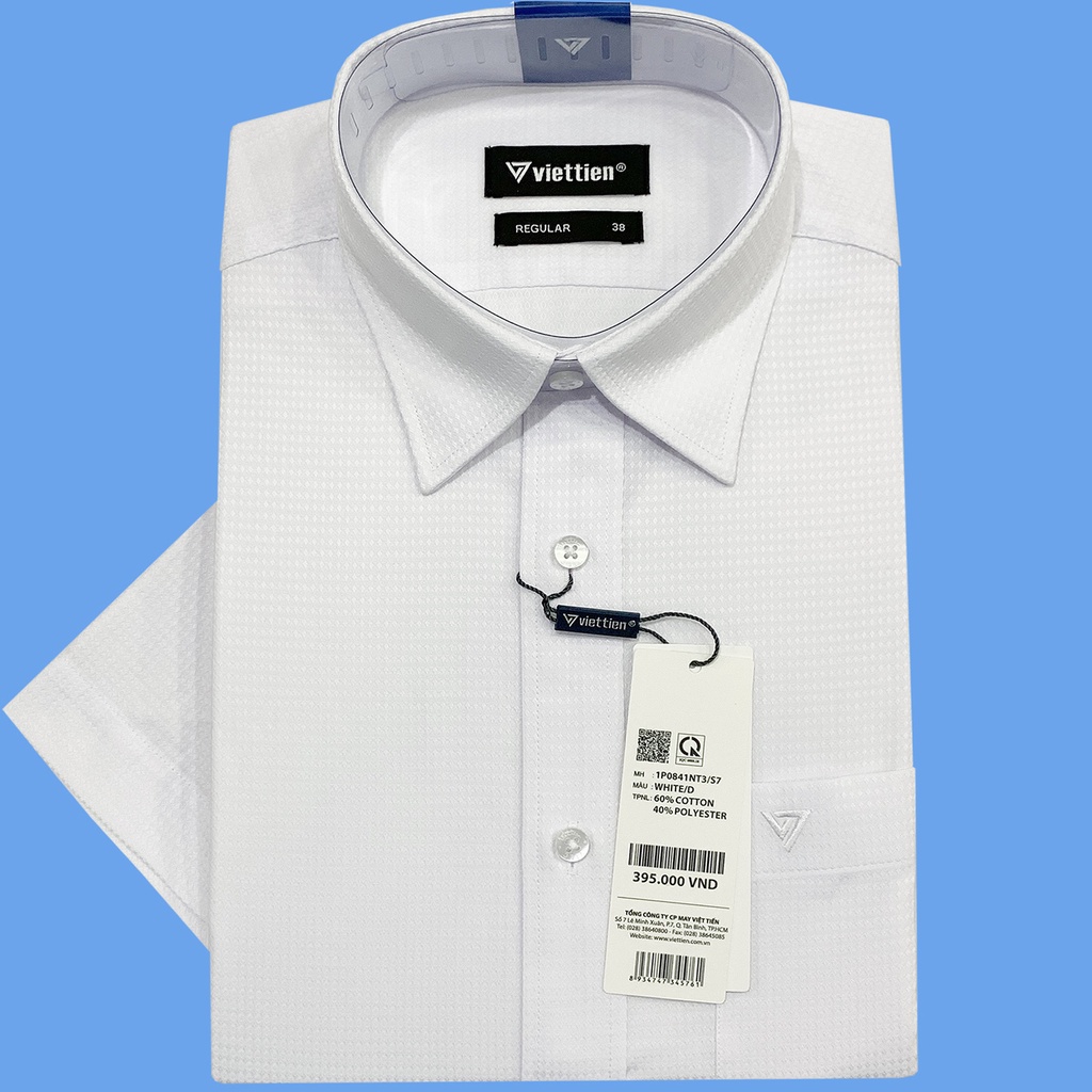 Viettien - เสื้อเชิ้ตแขนสั้นผู้ชายสีขาวฝาวงรีลายนูน 1P0841 ปกติ