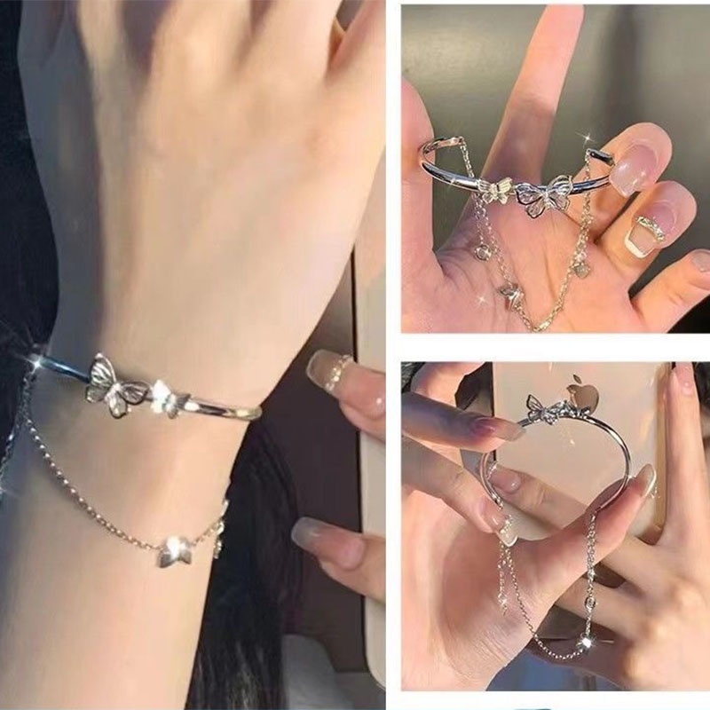 🔥🔥🔥สร้อยข้อมือ สายโซ่ แบบสองชั้น แต่งรูกลวง ลายผีเสื้อ สไตล์เกาหลี และญี่ปุ่น