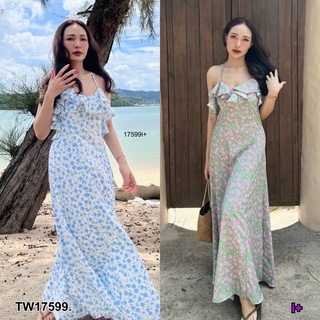 SS17599 Dress แม็กซี่เดรสสายเดี่ยวสานหลัง อกระบาย ลายดอกไม้