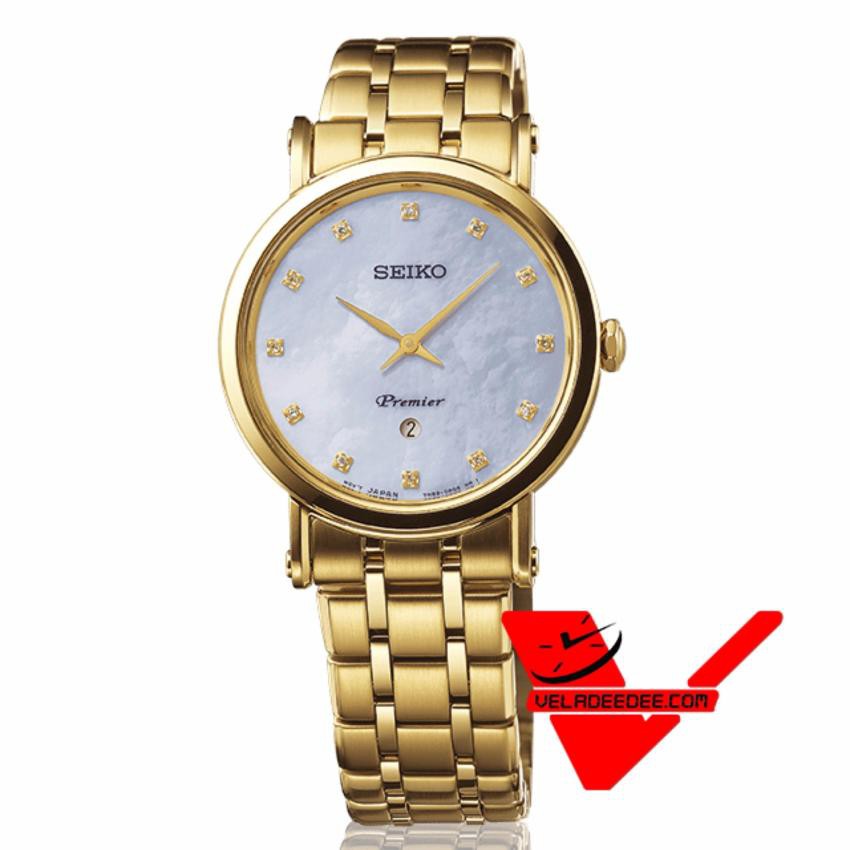 Veladeedee SEIKO Premier Diamond Sapphire Crystal นาฬิกาข้อมือผู้หญิง สายสแตนเลสสีทอง เพชรแท้ รุ่น SXB434P1