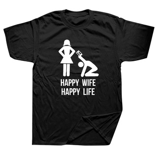 เสื้อยืดคอกลม แขนสั้น ผ้าฝ้าย พิมพ์ลายกราฟฟิค Happy Wife Happy Life สไตล์ฮาราจูกุ สําหรับผู้หญิง