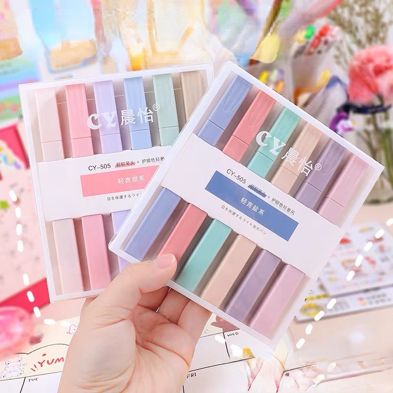 6 ชิ้น / กล่อง เทปเกลือ สองหัว ปากกาไฮไลท์ สีมาการอง ลูกกวาด ศิลปะ มาร์กเกอร์ เครื่องเขียนนักเรียน โรงเรียน สํานักงาน อุปกรณ์