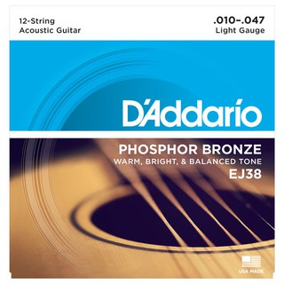 DAddario® สายกีตาร์โปร่ง 12 สาย เบอร์ 10 แบบ Phosphor Bronze ของแท้ 100% รุ่น EJ38 (Light, 10-50) ** Made in USA **