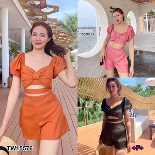 MF15576  งานเซต 2 ชิ้น เสื้อทรงโบว์อก เว้าหน้าท้อง เบาๆ ด้านหลังสม็อคหลัง แขนพองทรงตุ๊กตา + กางเกงขาสั้นเอวยางยืดหลัง เน