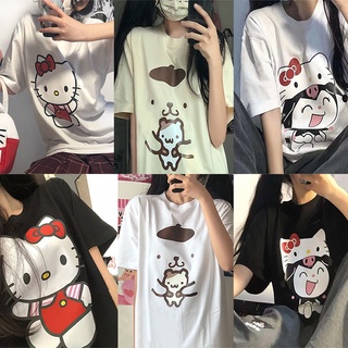 เสื้อยืดแขนสั้น พิมพ์ลาย Hello Kitty ทรงหลวม สไตล์ฮาราจูกุ สําหรับผู้หญิง และนักเรียน 2022