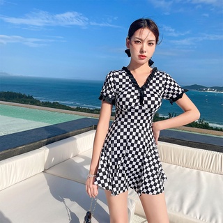 jqk ชุดว่ายน้ำแฟชั่นผู้หญิง ลายตารางน่ารักๆ （มี 2 สี ดำ เขีย…