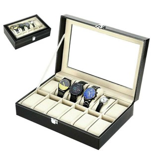 แหล่งขายและราคากล่องนาฬิกา กล่องเก็บนาฬิกาข้อมือ กล่องใส่นาฬิกา 3 เรือน / 12 เรือน ฝากระจก 🔥🔥บุหนัง PU สีดำ🔥🔥อาจถูกใจคุณ