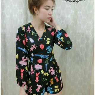 (sale)sale  220.-  New Arrival  จั้มสูทกางเกงลายชุดการ์ตูน(กางเกงมีซับในค่ะ)สไตส์คุณหนู ชุดเดียวเอาอ