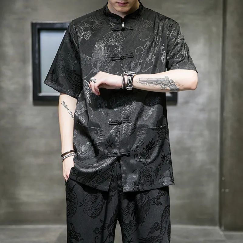 เสื้อเชิ้ตแขนสั้น ผ้าเรยอน แบบบาง ทรงหลวม ลายมังกร สไตล์จีน แฟชั่นฤดูร้อน สําหรับผู้ชาย