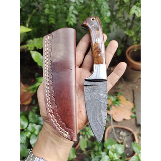 มีดใบตาย (fixed bladed) มีดดามัสกัส Damascus blade ของแท้ handmade มีดสนาม ด้ามไม้ Rosewood พร้อมซองหนังแท้