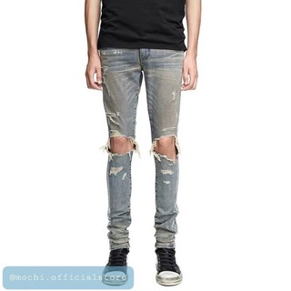 AMIRI 2021 (เกรดพรีเมี่ยม) stretch-cotton Giltter Strip Track distressed skinny jeans กางเกงยีนส์ทรงสกินนี่ แถบข้างสีขาว