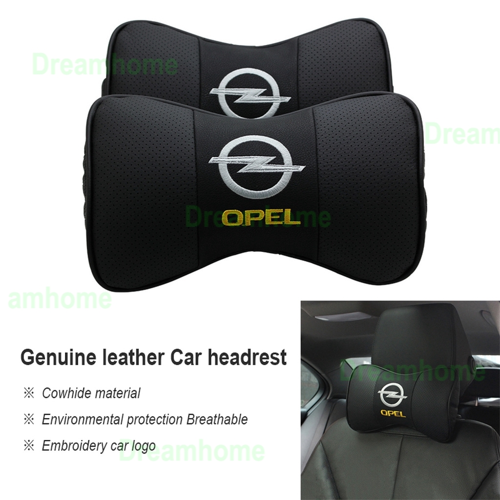 2PCS Boutique Opel Embroidered car logo headrest Genuine Leather neck pillow Car seat Cowhide