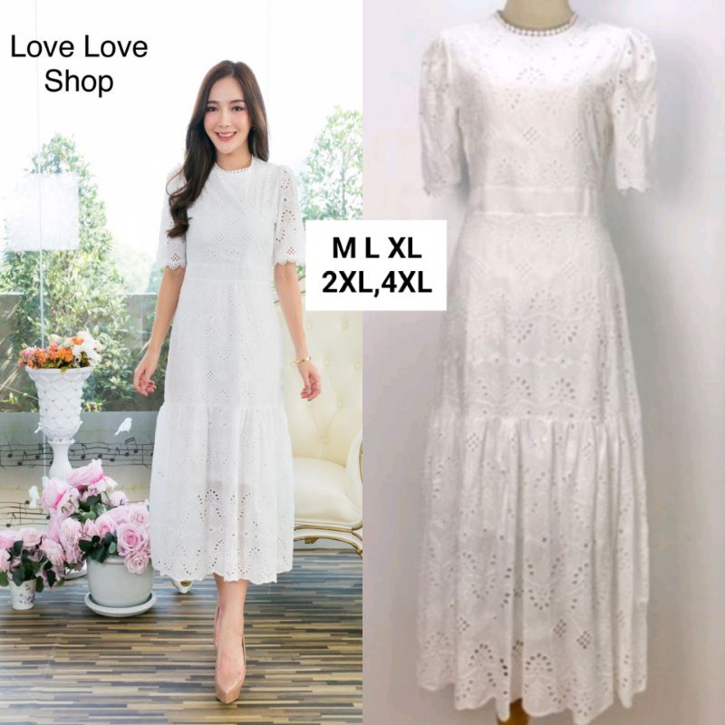 งานบุญ งานบวช!!! M-4XL Maxi Dress เดรสสีขาวผ้าคอตตอนฉลุลายแขนสั้น งานป้าย