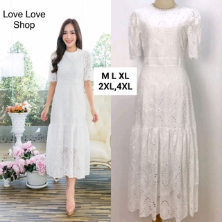 งานบุญ งานบวช!!! M-4XL Maxi Dress เดรสสีขาวผ้าฉลุลายแขนพอง งานป้าย