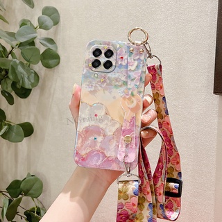 พร้อมส่ง ใหม่ เคสโทรศัพท์มือถือ ซิลิโคนนิ่ม ลายภาพวาดสีน้ํามัน รูปดอกซากุระ พร้อมสายคล้องข้อมือ สําหรับ Samsung Galaxy M33 M23 M52 5G 4G