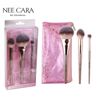 NEE CARA BE COLORFUL 3 PCS MAKEUP BRUSH N886 ชุดแปรงแต่งหน้า 3 ชิ้นพร้อมกระเป๋าสีชมพูสุดน่ารัก จากนีคาร่า