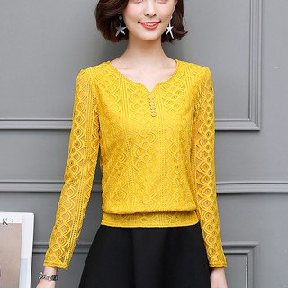 Dressuphouse รหัส D691 เสื้อสีเหลือง คอกลม แขนยาว ผ้าลูกไม้