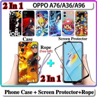 2 IN 1 เคส OPPO A96 A76 A36 เคส พร้อมกระจกนิรภัย โค้ง เซรามิค ป้องกันหน้าจอ นารูโตะ และการออกแบบ One Piece