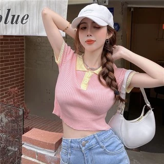 Cicishop(39087)เสื้อครอปแขนสั้นคอปกผ้าไหมพรม มีดีเทลกระดุม สีหวานโทนพาสเทล
