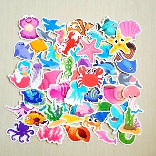 สติ๊กเกอร์ สัตว์น้ำ ใต้ทะเล ฉลาม ปลา ติดแน่น กันน้ำ ติดขวดน้ำ ของเล่น (50 ชิ้น) sea animal sticker