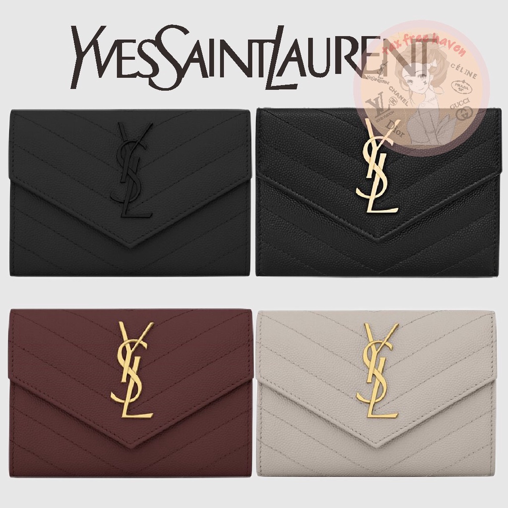 ราคาต่ำสุดของ Shopee 🔥 ของแท้ 100% 🎁YSL/Yves Saint Laurent ใหม่เอี่ยมเล็กตัวอักษรโลโก้ลายเม็ดนูนหนังซองกระเป๋าสตางค์