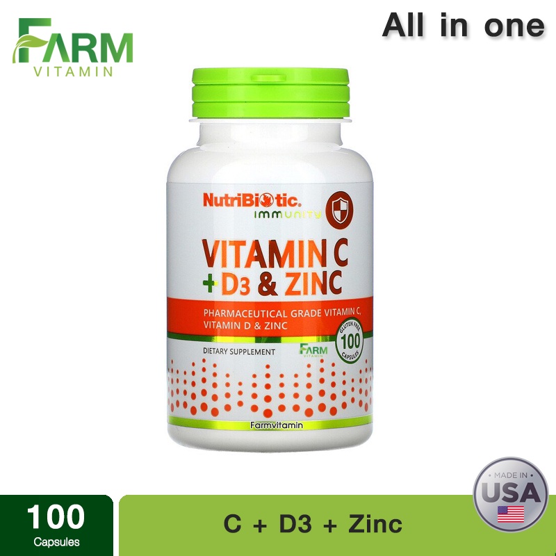 NutriBiotic, Immunity, Vitamin C + D3 & Zinc, 100 Capsules