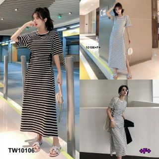 TW10106แม้กซี่เดรสลายริ้วเอวเจาะตาไก่ร้อยเชือก รายละเอียดสินค้า Maxi Dress แม็กซี่เดรสแขนสั้น ผ้าคอตตอนแมงดก้ ลายริ้ว ข้