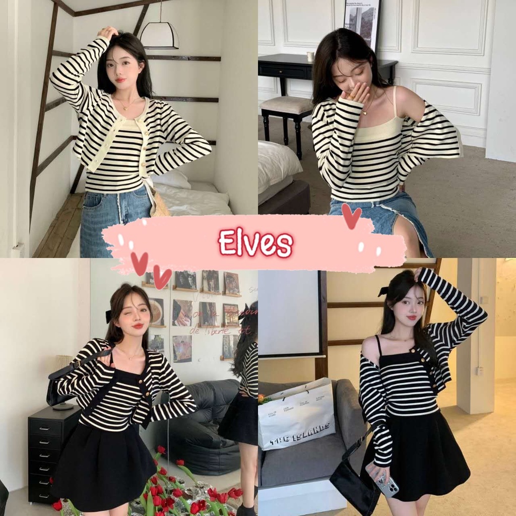 Elves พร้อมส่ง เสื้อสายเดี่ยวไหมพรม+ เสื้อคลุม ลายทางน่ารักมาก ~9526+9526-2-C/9526-1~