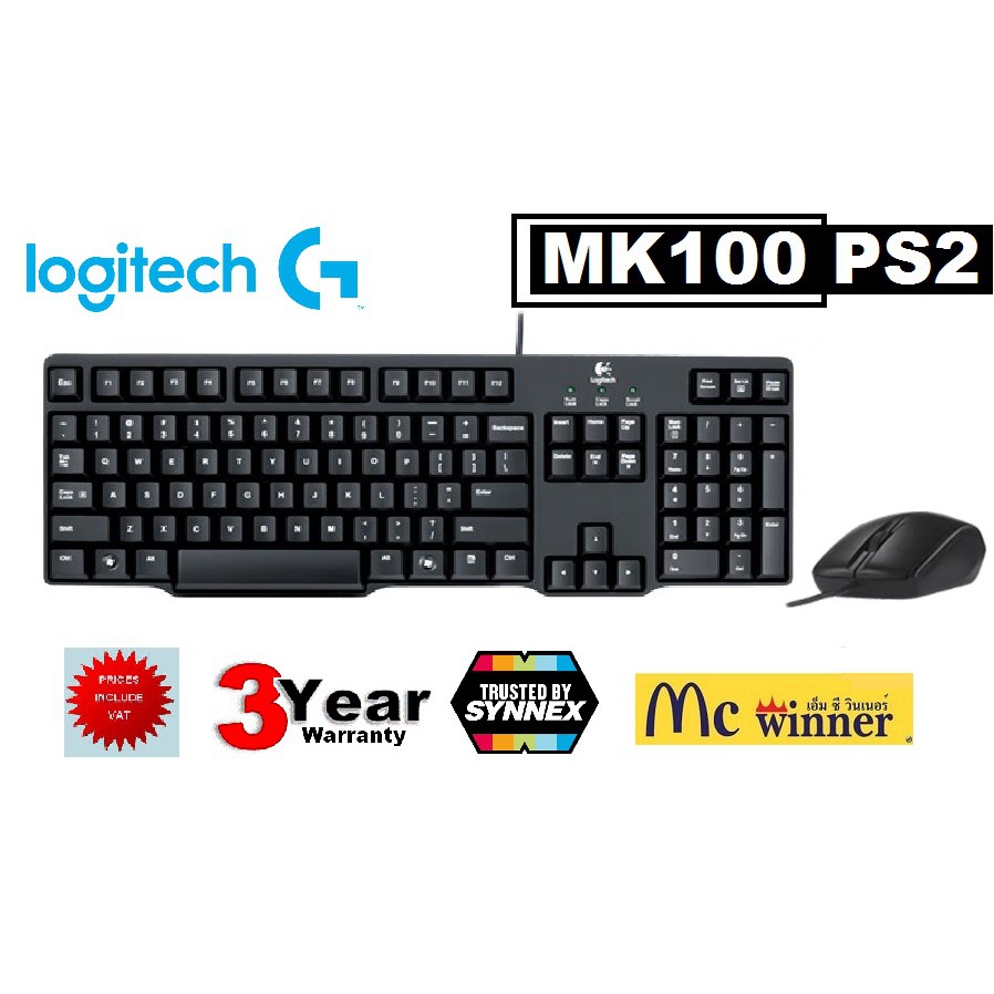 KEYBOARD + MOUSE (คีย์บอร์ดและเม้าส์) LOGITECH MK100 KEYBOARD PS2 MOUES USB (BLACK) ENG/THAI - 3 YEA