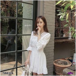 TW8314 Minidressคอเหลี่ยม แขนศอกระฆัง ผ้าโฟร์เวย์ ตัดเย็บแต่งลูกไม้ฉลุ ตรงคอกับปลายแขน งานเย็บซับใน ใส่สบาย พร้อมส่ง