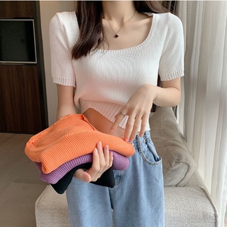 เสื้อยืดไหมพรมผ้าร่องคอเหลียม ทรงน่ารักผ้าใส่สบาย ยืดเยอะอก32-50นิ้ว