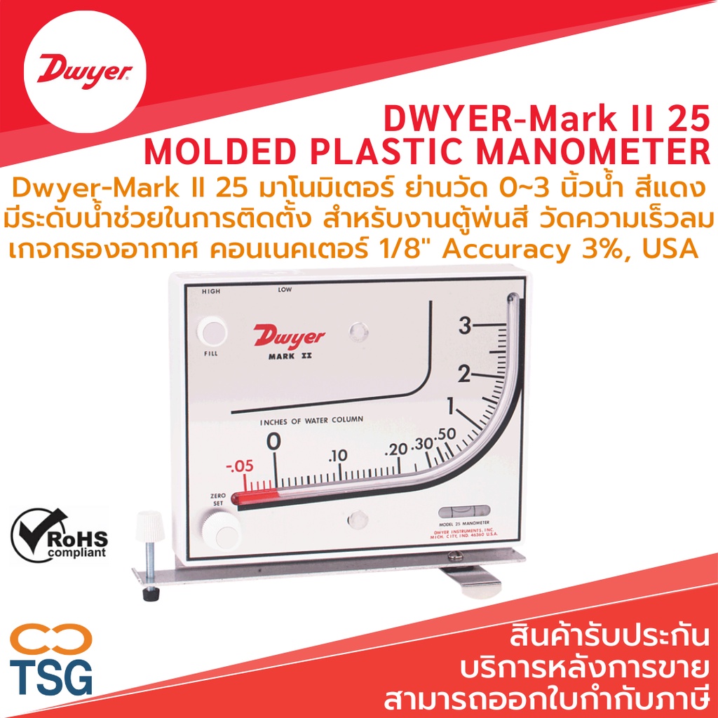 DWYER-Mark II 25 Molded Plastic Manometer ย่านวัด 0~3 นิ้วน้ำ สีแดง มีระดับน้ำช่วยในการติดตั้ง เกจกรองอากาศ Accuracy 3%