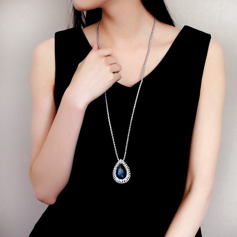 วินเทจคริสตัลสีฟ้าหยดน้ํายาวจี้สร้อยคอสําหรับผู้หญิงแฟชั่นใหม่เครื่องประดับเสื้อกันหนาวสร้อยคอ - รูปที่ 2