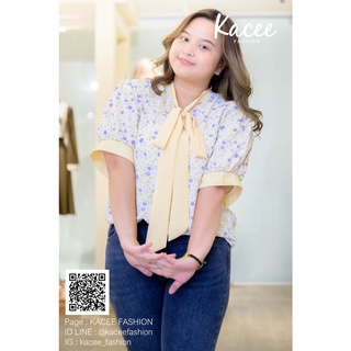 เสื้อแขนสั้นลายดอกคอผูกโบว์ (E031)
