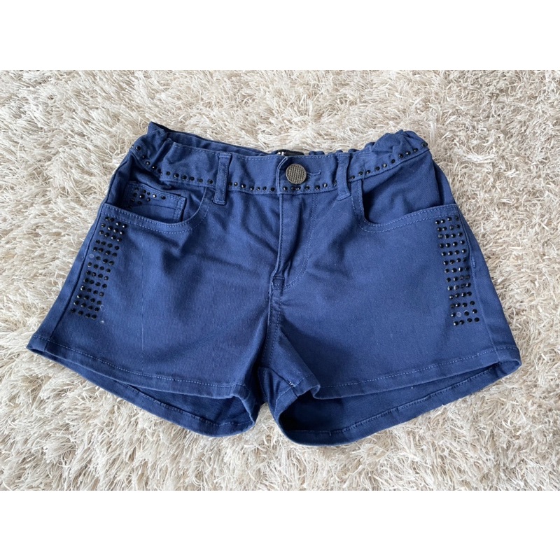 กางเกงเด็ก CPS4/12 ไซส์ 8-9Y กางเกงขาสั้นสีน้ำเงิน ตกแต่งเพชรดำ มีกระเป๋าข้างและหลัง เอวปรับระดับได้
