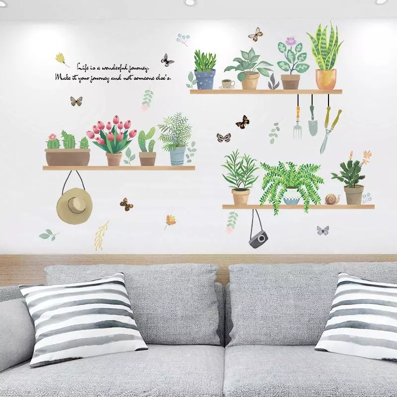 【Deowuu】สติกเกอร์ติดผนัง ลายชั้นวางกระถางต้นไม้ สำหรับตกแต่งห้องนั่งเล่น